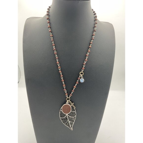 Shein Beaded Leaf Pendant Necklace With Cross & G Charm - Picture 1 of 5